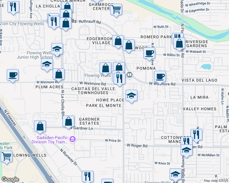 map of restaurants, bars, coffee shops, grocery stores, and more near 4347 North Pocito Drive in Tucson