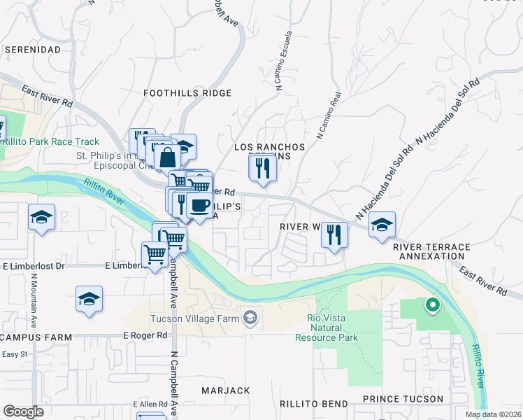 map of restaurants, bars, coffee shops, grocery stores, and more near 4360 North Camino Real in Tucson