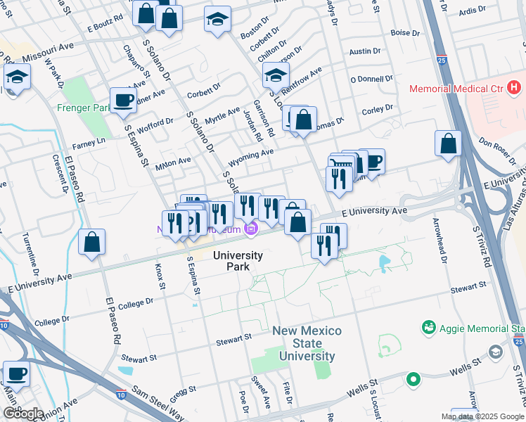 map of restaurants, bars, coffee shops, grocery stores, and more near 2600 Chaparral Street in Las Cruces