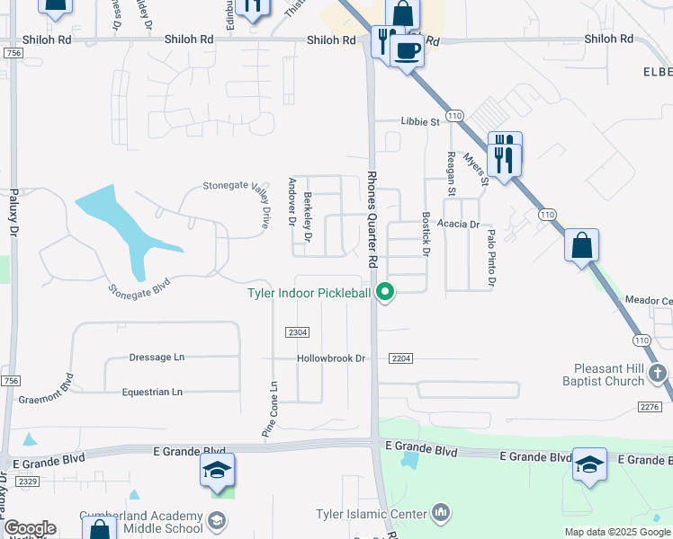 map of restaurants, bars, coffee shops, grocery stores, and more near 5905 Havens Trail in Tyler