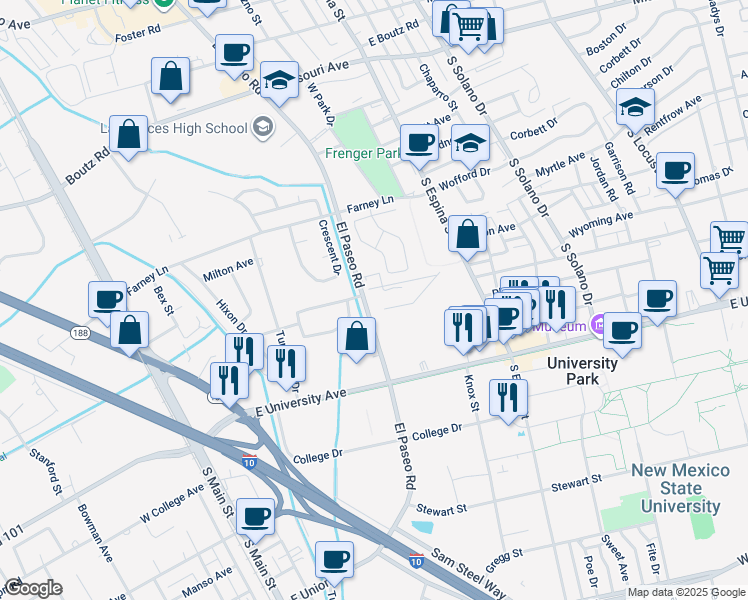 map of restaurants, bars, coffee shops, grocery stores, and more near 2335 El Paseo Road in Las Cruces