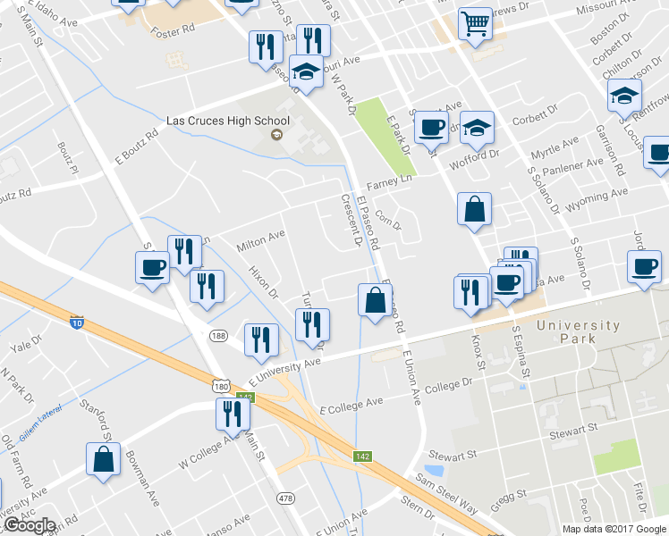 map of restaurants, bars, coffee shops, grocery stores, and more near 605 Monte Vista Avenue in Las Cruces