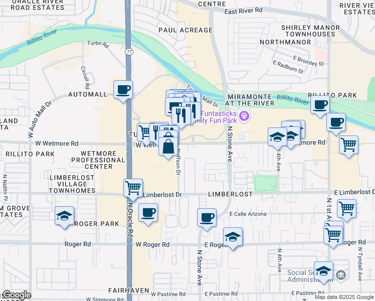 map of restaurants, bars, coffee shops, grocery stores, and more near 33 West Wetmore Road in Tucson