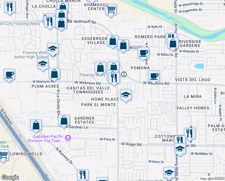 map of restaurants, bars, coffee shops, grocery stores, and more near 4347 North Pocito Drive in Tucson