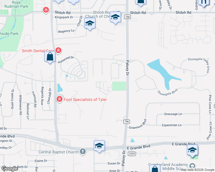 map of restaurants, bars, coffee shops, grocery stores, and more near 1740 Mill Creek Drive in Tyler