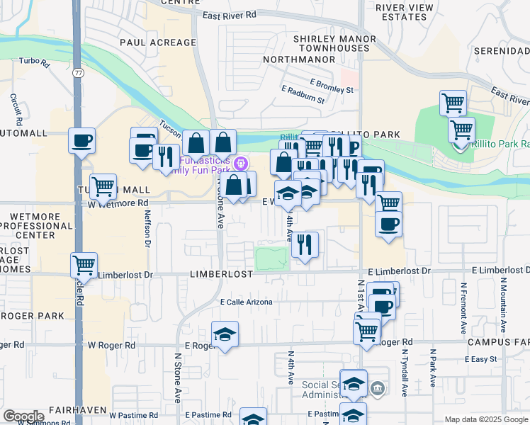 map of restaurants, bars, coffee shops, grocery stores, and more near 4350 North Stanley Place in Tucson