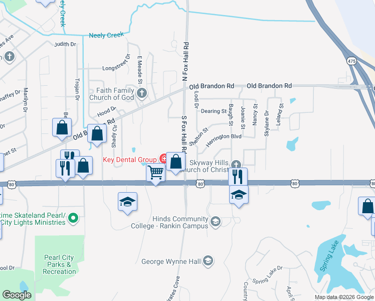 map of restaurants, bars, coffee shops, grocery stores, and more near 314 South Fox Hall Road in Pearl