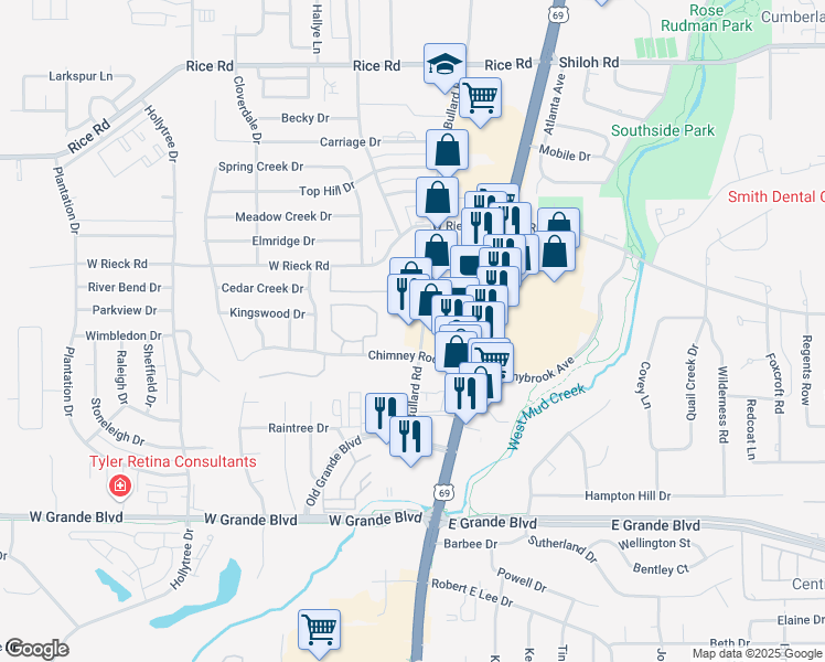map of restaurants, bars, coffee shops, grocery stores, and more near 5875 Old Bullard Road in Tyler