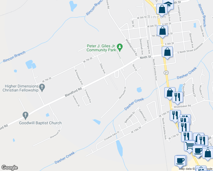 map of restaurants, bars, coffee shops, grocery stores, and more near 10 Cricket Lane in Rincon