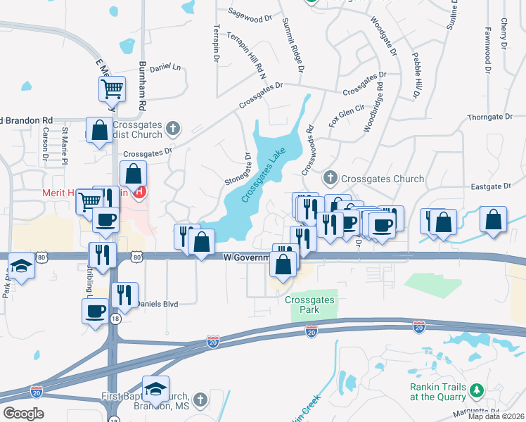 map of restaurants, bars, coffee shops, grocery stores, and more near 425 Lakebend Place in Brandon
