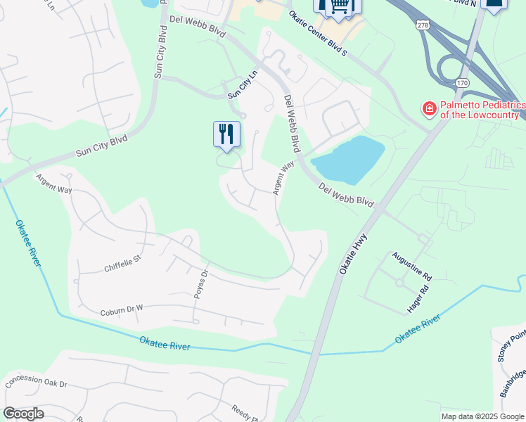 map of restaurants, bars, coffee shops, grocery stores, and more near 7 Strobhar Street in Bluffton