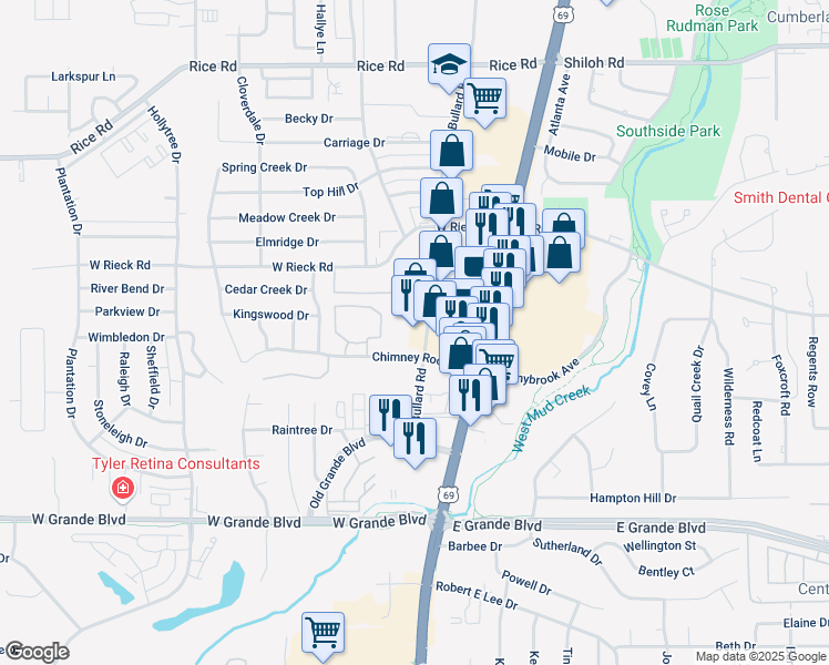 map of restaurants, bars, coffee shops, grocery stores, and more near 5875 Old Bullard Road in Tyler