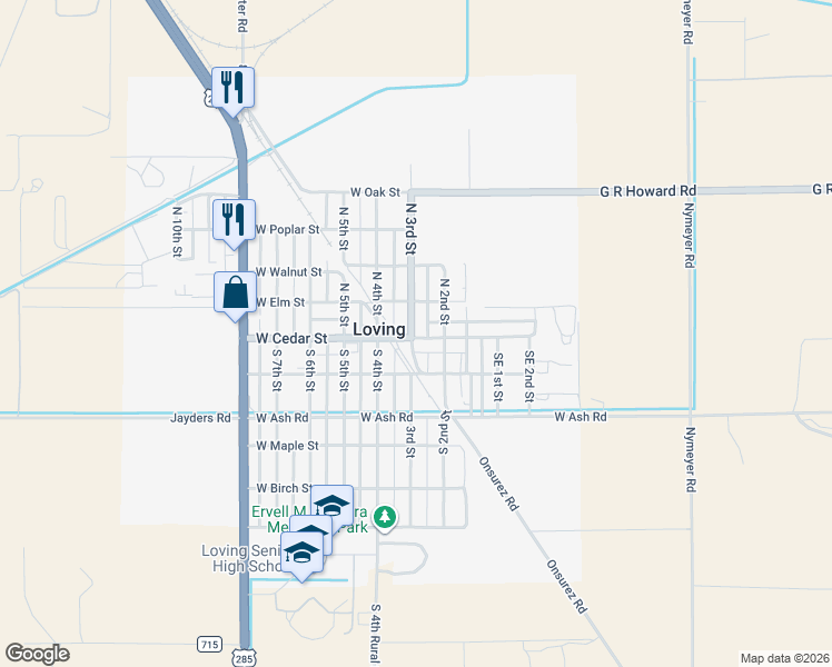 map of restaurants, bars, coffee shops, grocery stores, and more near 210-212 West Cedar Street in Loving