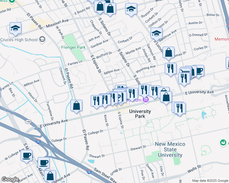 map of restaurants, bars, coffee shops, grocery stores, and more near 1116 Plain Street in Las Cruces