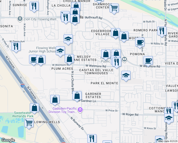 map of restaurants, bars, coffee shops, grocery stores, and more near 1969 West Amy Place in Tucson