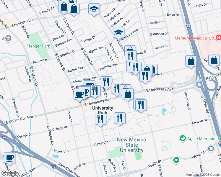 map of restaurants, bars, coffee shops, grocery stores, and more near 2600 Chaparral Street in Las Cruces