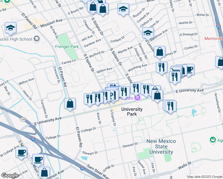 map of restaurants, bars, coffee shops, grocery stores, and more near 1116 Plain Street in Las Cruces
