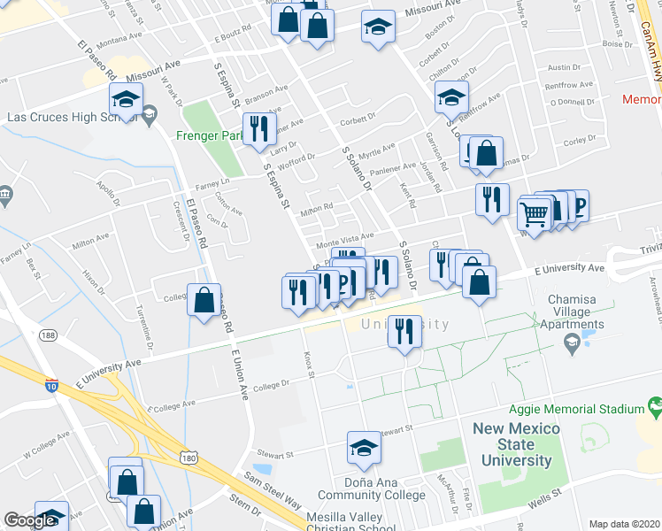 map of restaurants, bars, coffee shops, grocery stores, and more near 1116 Plain Street in Las Cruces