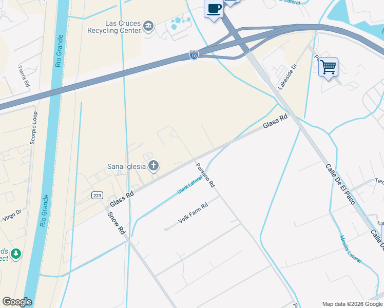 map of restaurants, bars, coffee shops, grocery stores, and more near 2590 Glass Road in Las Cruces
