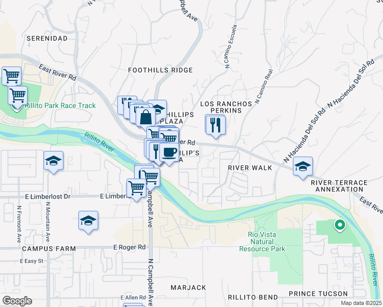 map of restaurants, bars, coffee shops, grocery stores, and more near 2200 East River Road in Tucson