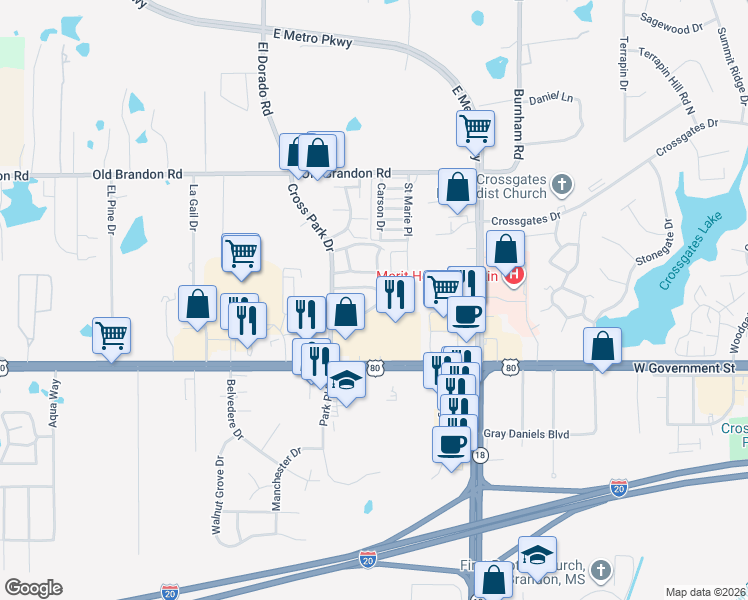 map of restaurants, bars, coffee shops, grocery stores, and more near 220 Cross Park Drive in Pearl