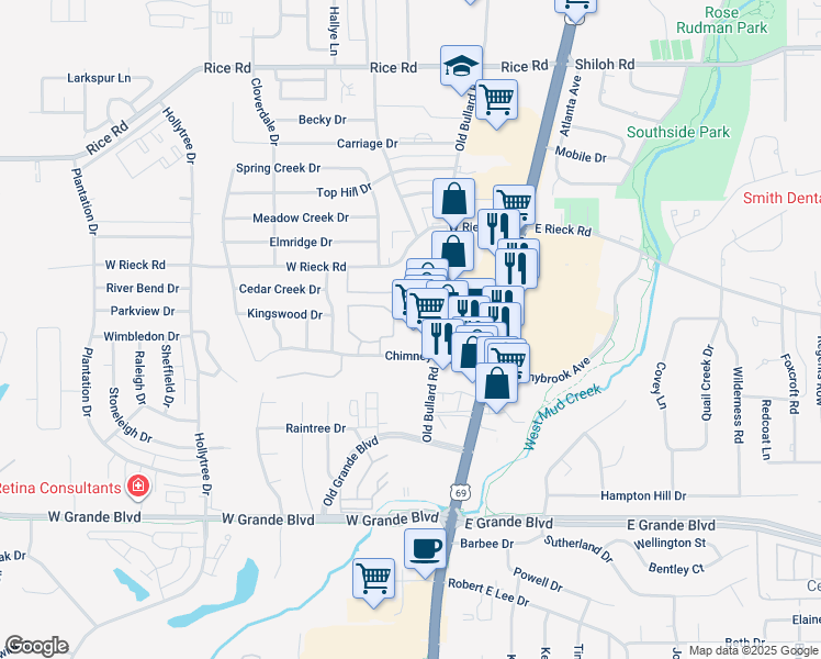 map of restaurants, bars, coffee shops, grocery stores, and more near 5875 Old Bullard Road in Tyler
