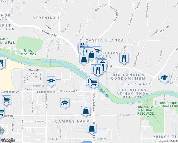 map of restaurants, bars, coffee shops, grocery stores, and more near 1860 East River Road in Tucson