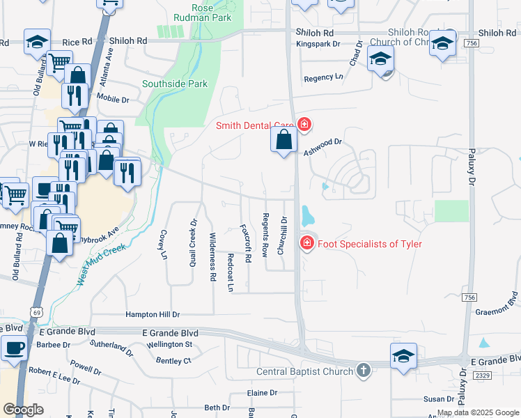 map of restaurants, bars, coffee shops, grocery stores, and more near 5703 Regents Row in Tyler