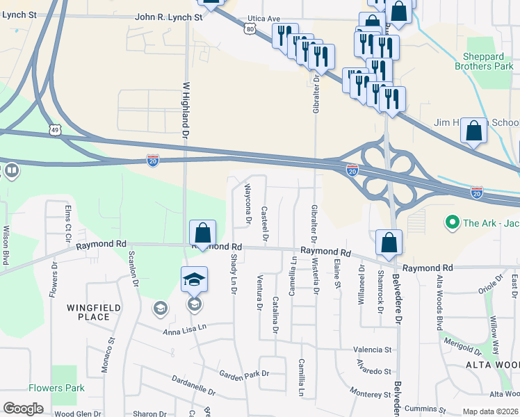 map of restaurants, bars, coffee shops, grocery stores, and more near 1741-1747 Casteel Drive in Jackson