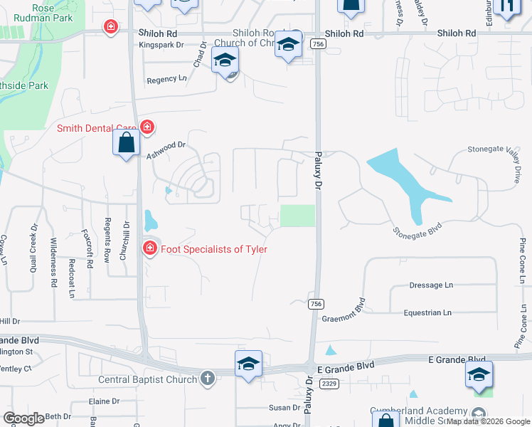 map of restaurants, bars, coffee shops, grocery stores, and more near 1740 Mill Creek Drive in Tyler