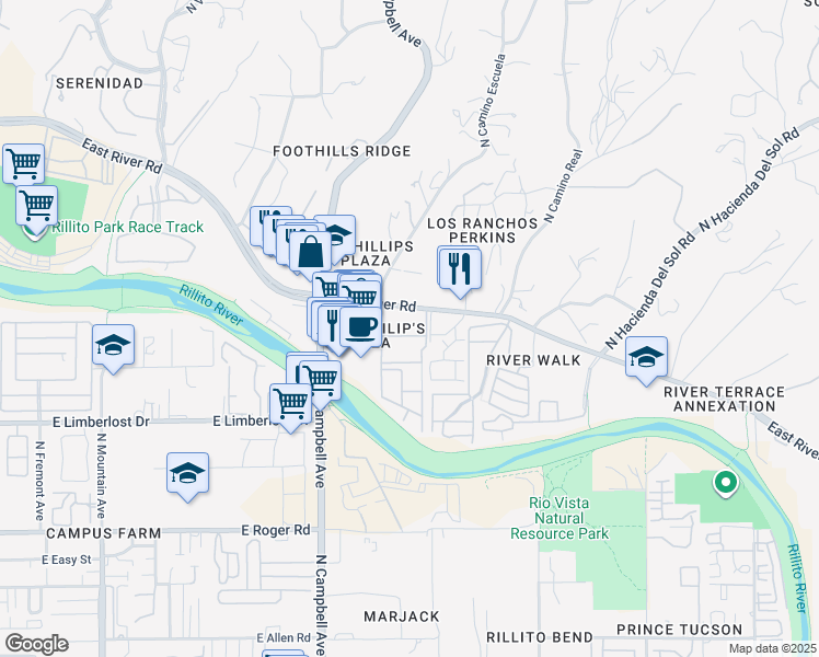 map of restaurants, bars, coffee shops, grocery stores, and more near 2200 East River Road in Tucson