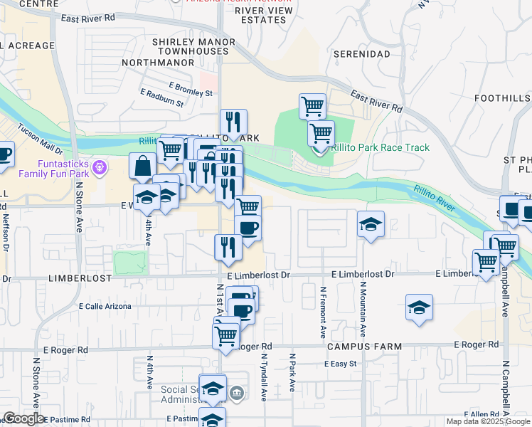 map of restaurants, bars, coffee shops, grocery stores, and more near 850 East Wetmore Road in Tucson