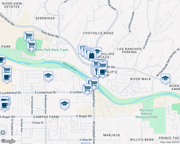 map of restaurants, bars, coffee shops, grocery stores, and more near 1860 East River Road in Tucson