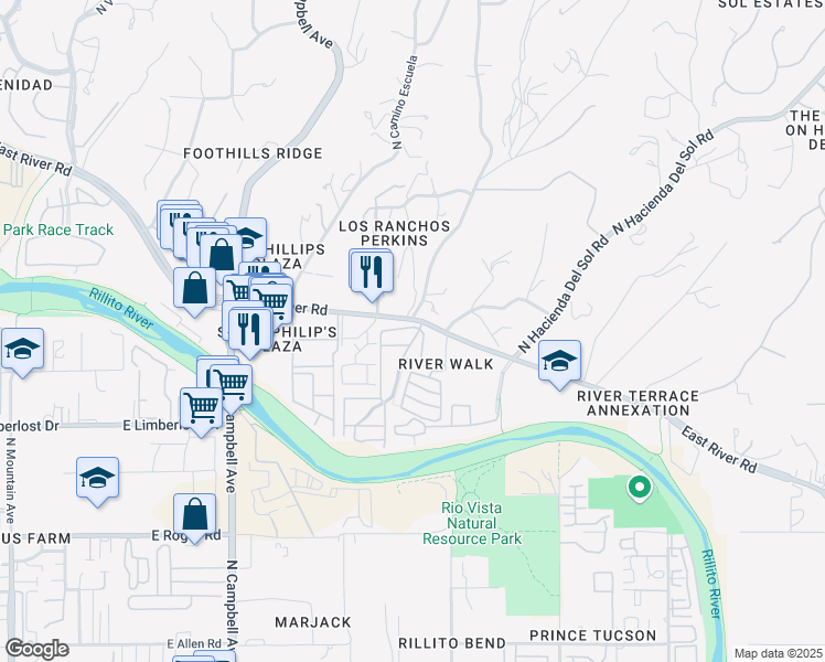 map of restaurants, bars, coffee shops, grocery stores, and more near 2400 East River Road in Tucson