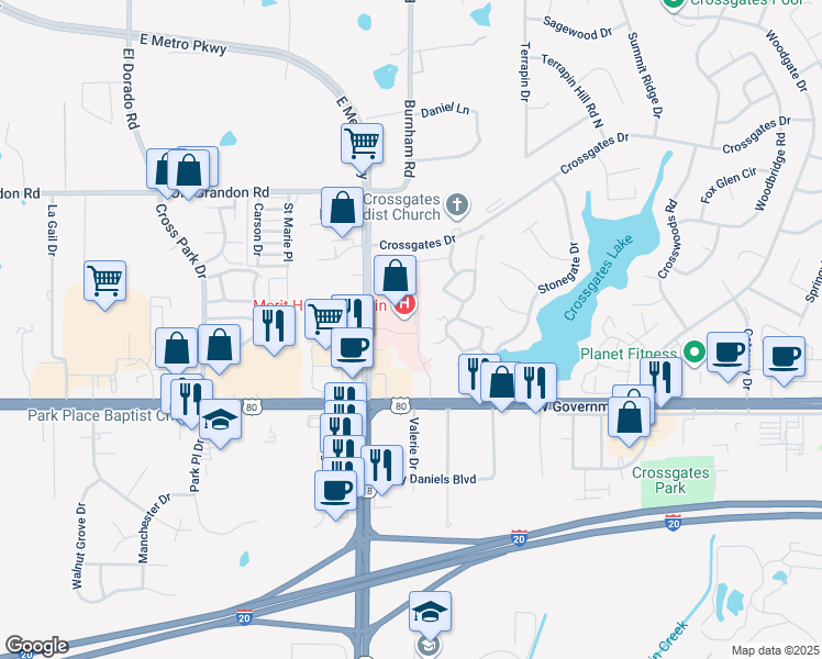 map of restaurants, bars, coffee shops, grocery stores, and more near 350 Crossgates Boulevard in Brandon