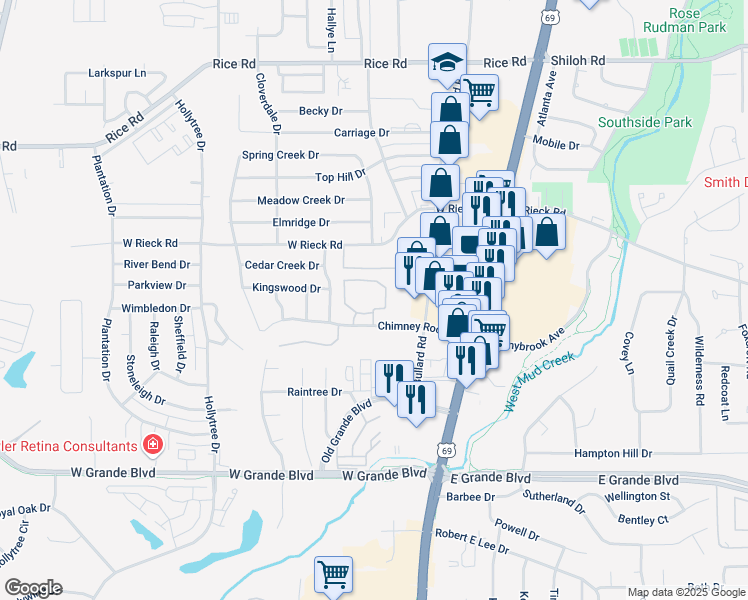 map of restaurants, bars, coffee shops, grocery stores, and more near 323 Chimney Rock Drive in Tyler