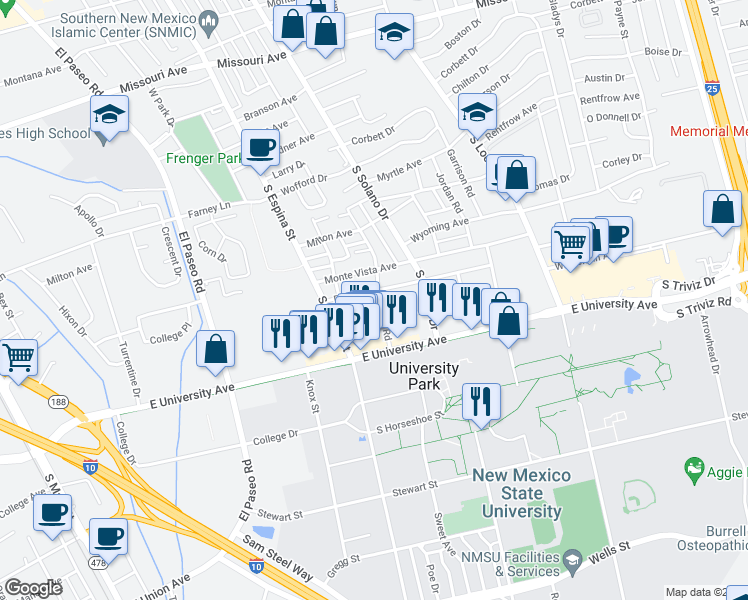 map of restaurants, bars, coffee shops, grocery stores, and more near 2520 Hagerty Road in Las Cruces