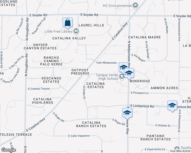 map of restaurants, bars, coffee shops, grocery stores, and more near 4336 North Drake Place in Tucson