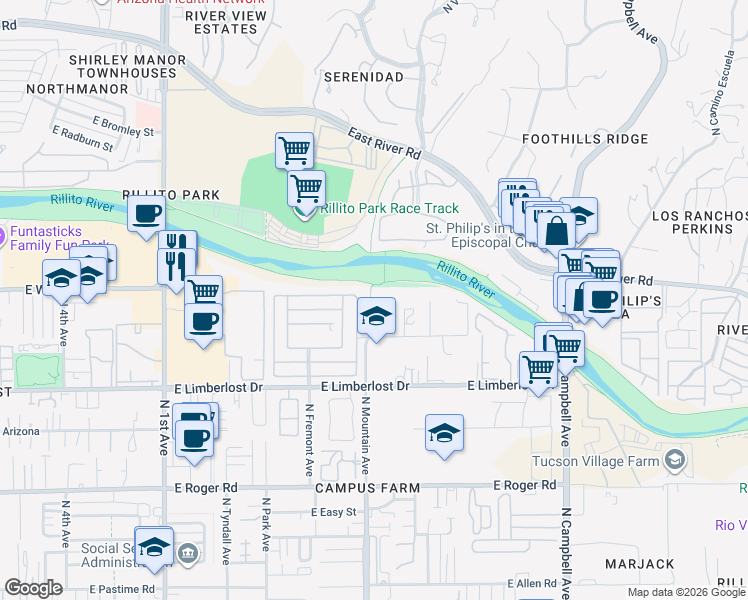 map of restaurants, bars, coffee shops, grocery stores, and more near 4356 North Atfield Place in Tucson