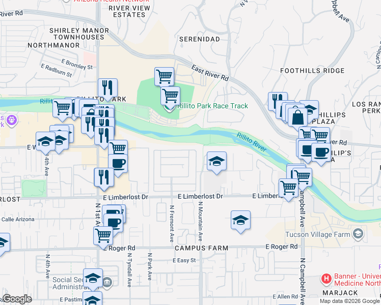 map of restaurants, bars, coffee shops, grocery stores, and more near 212 Colt Avenue in Tucson