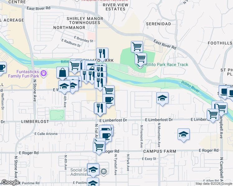 map of restaurants, bars, coffee shops, grocery stores, and more near 850 East Wetmore Road in Tucson