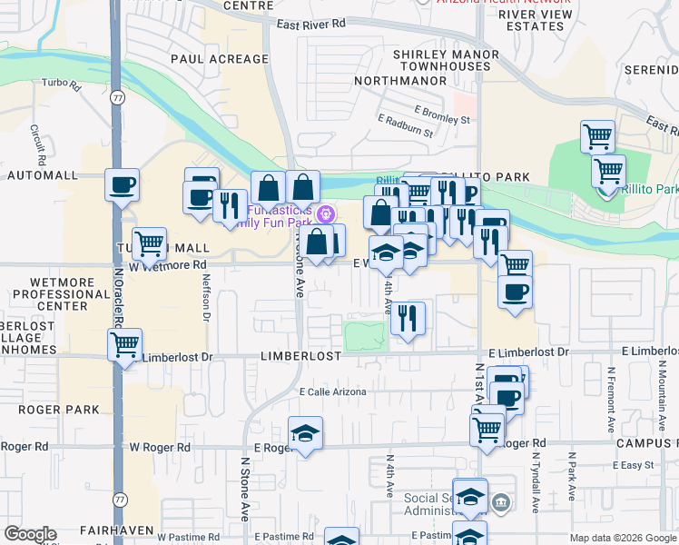 map of restaurants, bars, coffee shops, grocery stores, and more near 4350 North Stanley Place in Tucson