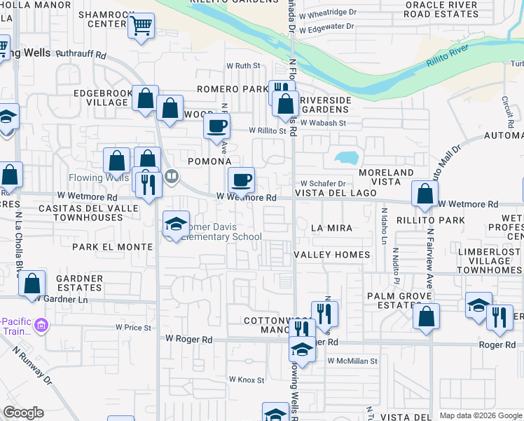 map of restaurants, bars, coffee shops, grocery stores, and more near 4315 North Flowing Wells Road in Tucson