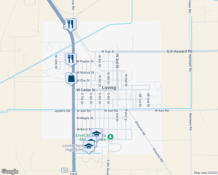 map of restaurants, bars, coffee shops, grocery stores, and more near in Loving