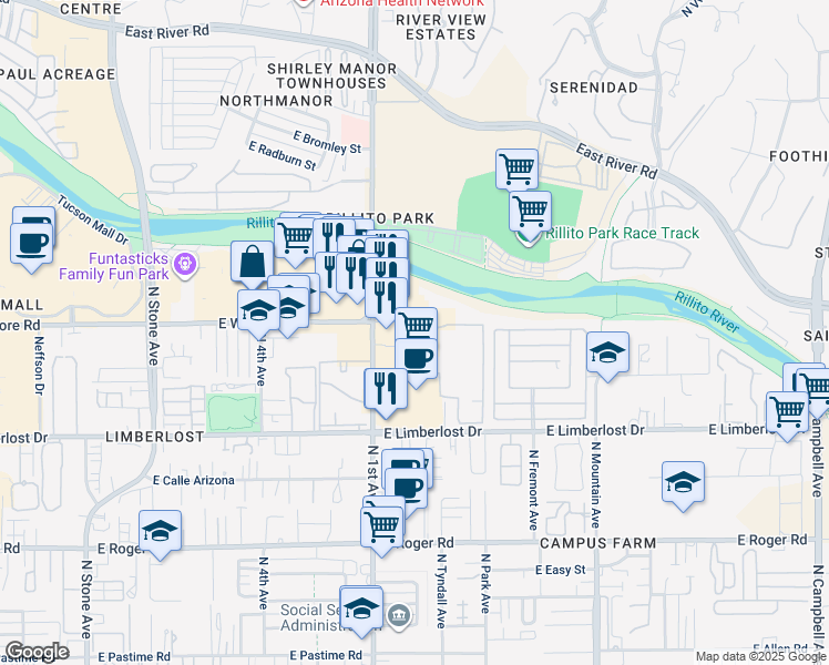 map of restaurants, bars, coffee shops, grocery stores, and more near 800 East Wetmore Road in Tucson