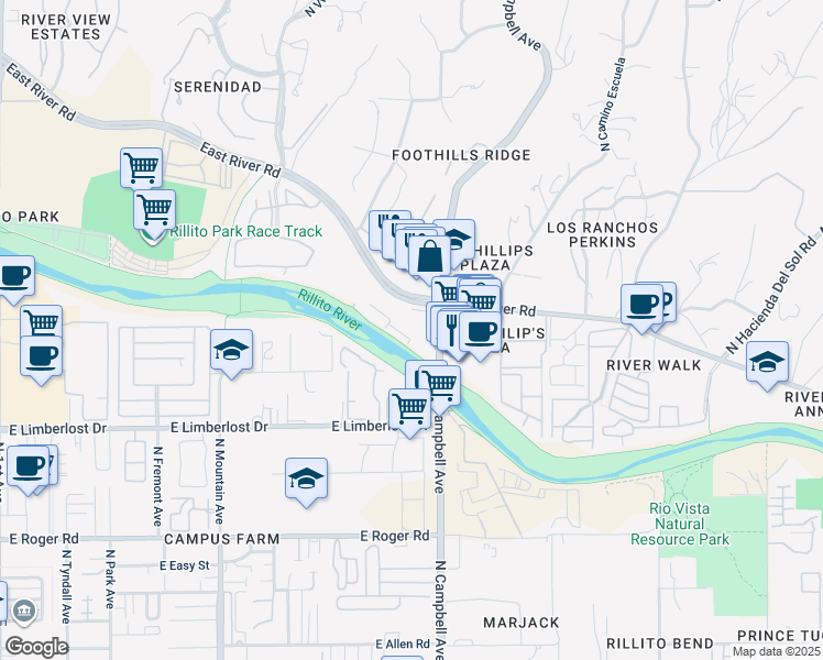 map of restaurants, bars, coffee shops, grocery stores, and more near 1820 East River Road in Tucson