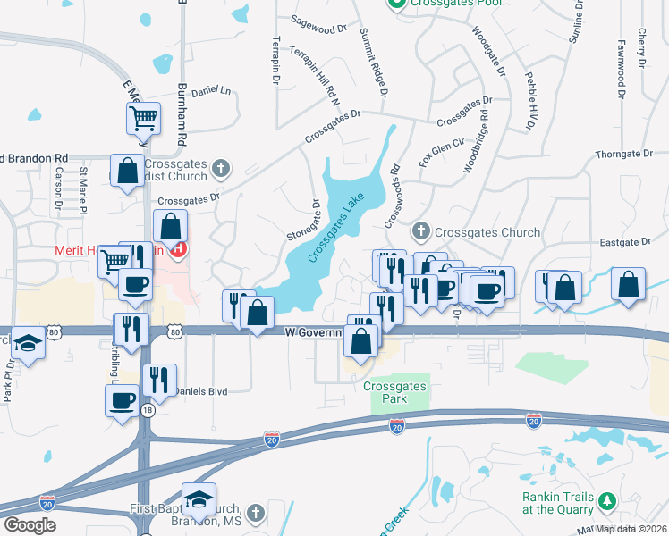 map of restaurants, bars, coffee shops, grocery stores, and more near 425 Lakebend Place in Brandon