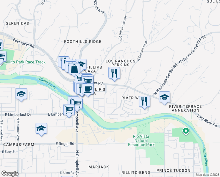 map of restaurants, bars, coffee shops, grocery stores, and more near 2200 East River Road in Tucson