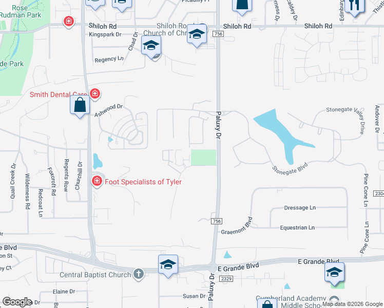 map of restaurants, bars, coffee shops, grocery stores, and more near 1740 Mill Creek Drive in Tyler