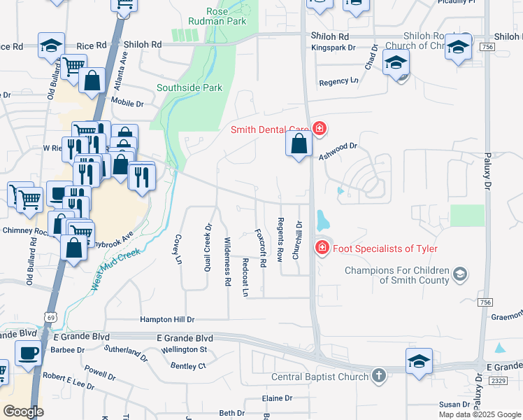 map of restaurants, bars, coffee shops, grocery stores, and more near 5706 Foxcroft Road in Tyler